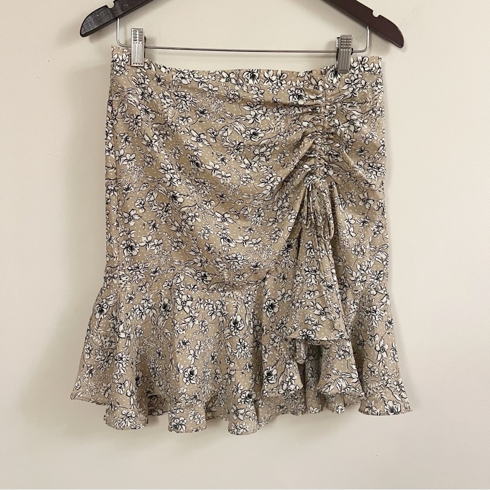 Max Studio Tan Floral Print Ruffle Hem Mini Skirt Side Cinched Size L NEW